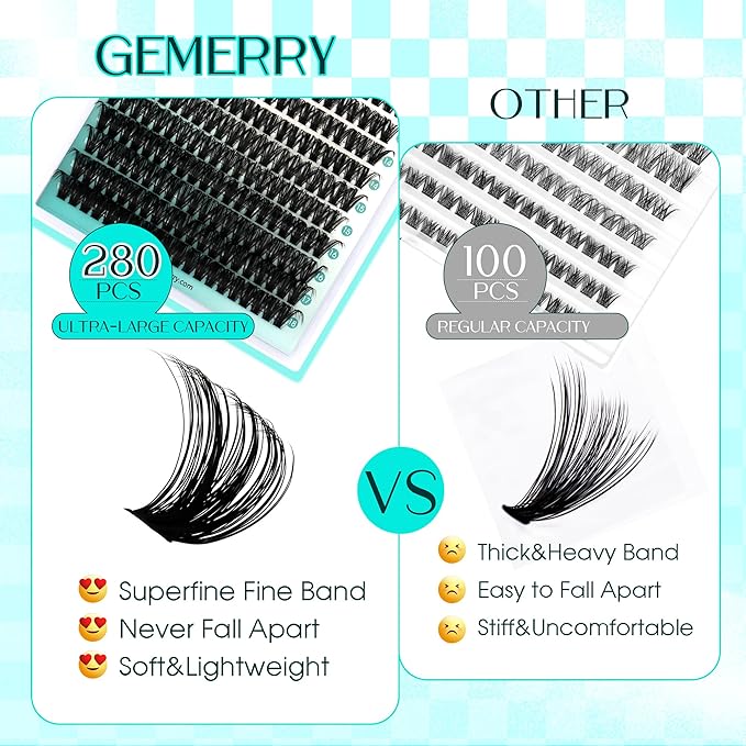 Lash Clusters GEMERRY 280pcs Clusters Lashes D Curl Soft&Natural Individual Lashes Cluster Eyelash Clusters DIY Lash Extensions at Home（50P-10-18mm)