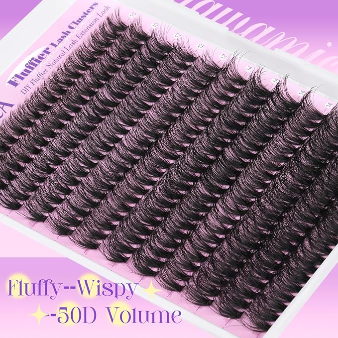 Yawamica Lash Clusters Kit Fluffy Eyelash Extension Kit 10-16mm Eyelash Clusters 50D Volume Individual Lashes 240pcs D Curly Cluster Eyelash Extensions DIY Cluster Lashes with Bond and Seal Tweezers