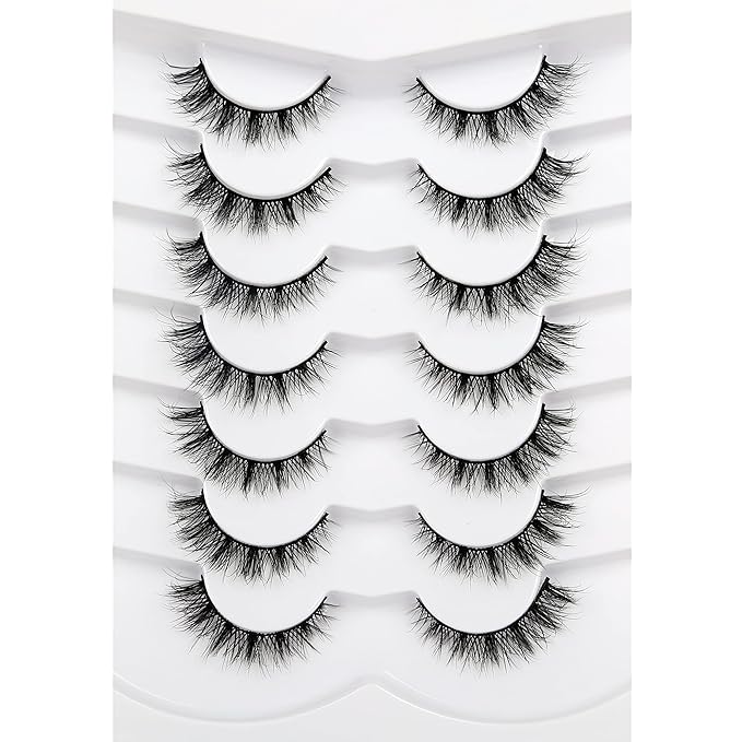 Pooplunch False Eyelashes Cat Eye Lashes Natural Cluster Extension Look Wispy Short Volume 8D Faux Mink Lashes Fake Eyelashes Strips 7 Pairs Pack