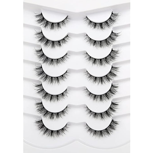 Pooplunch False Eyelashes Cat Eye Lashes Natural Cluster Extension Look Wispy Short Volume 8D Faux Mink Lashes Fake Eyelashes Strips 7 Pairs Pack