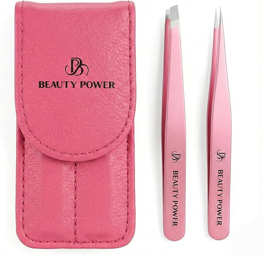 Beauty Power Professional Tweezers Set – Slant & Point, Ultra Precision German Stainless Steel Tweezers for Eyebrows, Chin, Ingrown Hair & Facial Grooming – Lightweight with Travel Case (Pink)