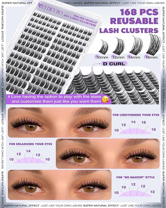 EYDEVRO Wispy Lash Clusters kit Eyelash Clusters Kit Natural Cluster Eyelash Extensions 10-16mm D Curl Cluster Lashes Salon-quality DIY Lash Extensions Kit at Home Lash Bond and Seal, Tweezers, Brush