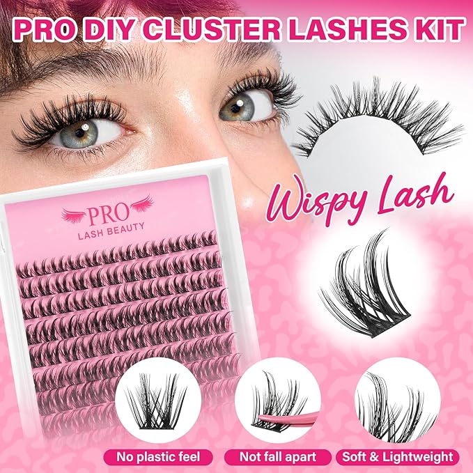 PRO LASHBEAUTY Lash Clusters Kit with Lash Bond and Seal Eyelash Applictor Lash Remover DIY Volume Lash Extension Kit for Beginner Waterproof Resuable Eyelash Extensions at Home (Carli,8-18mix)