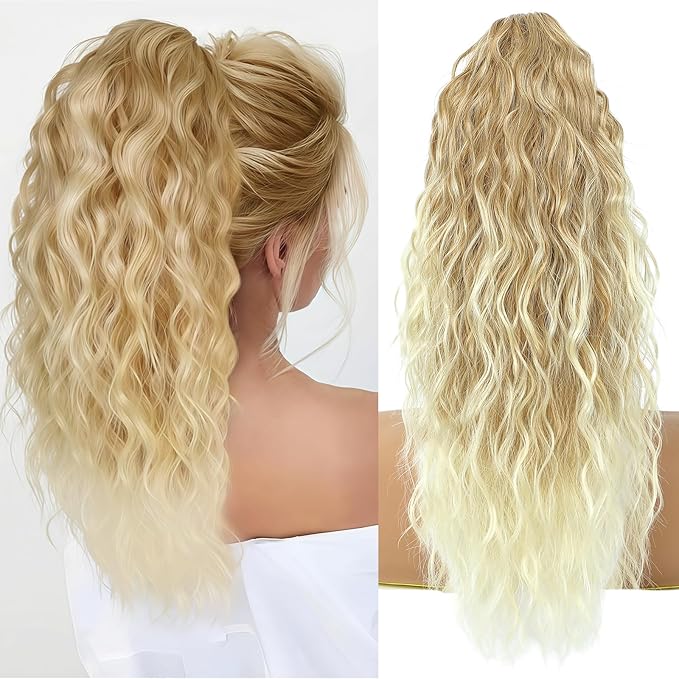 Ponytail Extension, Claw Clip on Pony tails Hair Extension for Women 18 Inch Long Wavy Curly Fake Ponytail Clip in Hair Pieces for Women Fluffy Natural Looking (Blond To Light Blonde)
