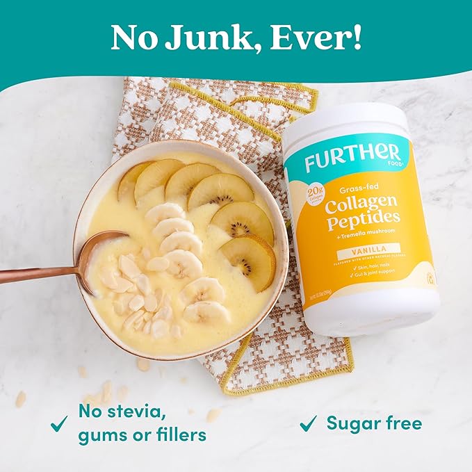 Further Food Vanilla Collagen Peptides Powder with Tremella Mushroom – 100% Grass-Fed, Hydrolyzed Type 1 & 3, 20g of Collagen per Serving, Supports Skin, Hair, Nails & Joints, 22.22 Oz