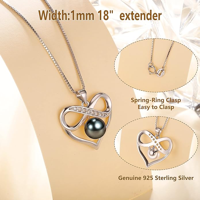 NONNYL Black and White Pearl Heart Pendant Necklace - Gift for Women Wife Wedding Birthday Anniversary - Mom Girlfriend Her on Mothers Day Valentines Day Christmas - 18K Gold Plated Sterling Silver
