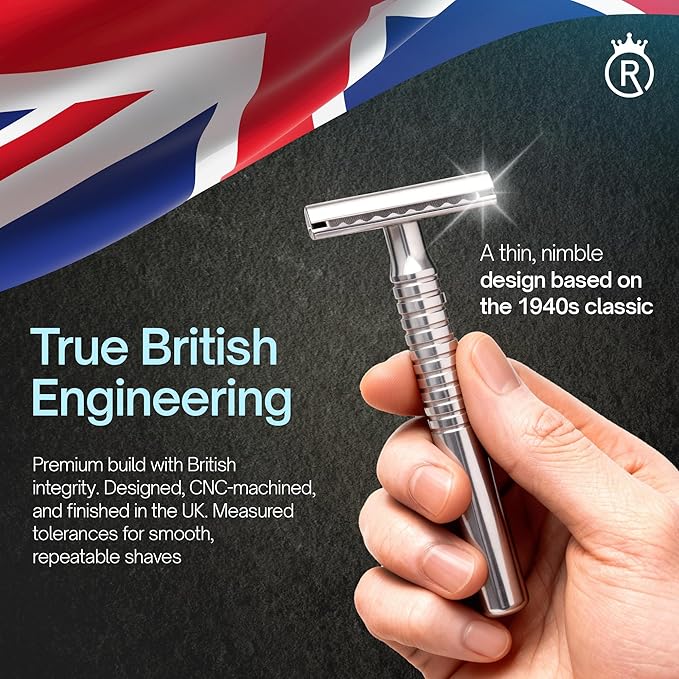 Reggie’s Razors Jupiter Aluminum Safety Razor for Men - Double Edge Shaving Razor, CNC-Machined - Made in UK - Aerospace Grade, Textured Grip, Suitable All Skin Types - Includes 10 Blades - Silver