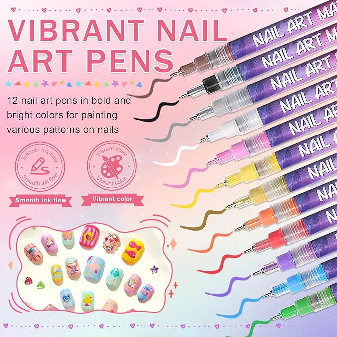 IONSGAKO 12 Colors Nail Art Pens Set, Nail Art Markers Polish Pens for Nail Art Quick Drying 3D Acrylic Paint Markers for Painting Dotting Liner Pen Nail Salon DIY Design Kit 0.5mm