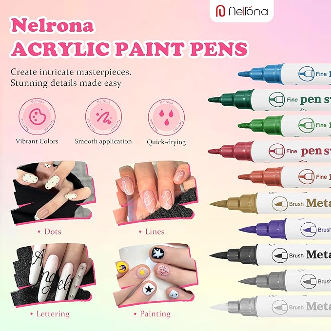 Dual tip Nail Art Pens Set – 10 Colors Acrylic Nail Polish Pens with Fine Tip & Brush Tip for DIY Nail Designs, Quick Dry, Long Lasting Nail Art Markers for Professional Manicure, Home & Salon Use