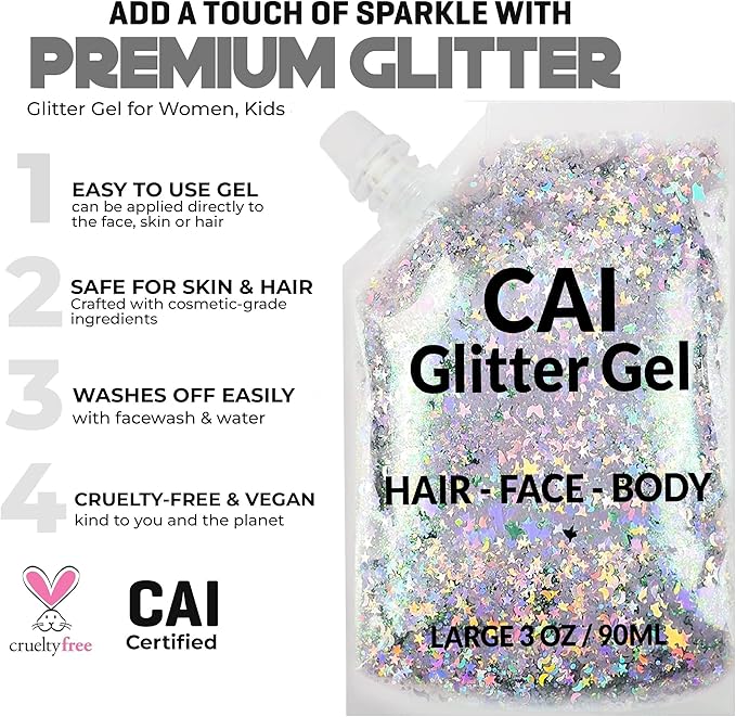 Face, Body & Hair Glitter Gel – Halloween Glitter for Kids and Women – 3 Oz Cosmetic-Grade Gel w/Moon & Stars for Festivals & Halloween Party, Easy Apply & Wash Off - Blue 1Pack
