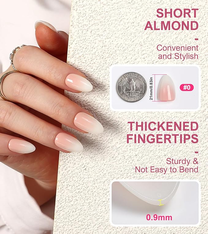 Morily 30Pcs Press on Nails Short Almond, Ombre Pink Fake Nails Acrylic False Nail Tips Reusable Full Cover Stick on Nails for Women - 15 Sizes