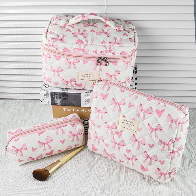 Makeup Bag, 3 PCS Quilted Makeup Bag, Cute Floral Cotton Cosmetic Bag set, Coquette Makeup Pouch Large Travel Toiletry Bag