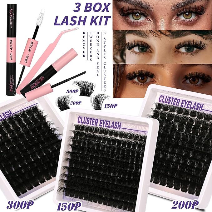 Lashes Clusters Kit Gift Packs 3 Styles 350Pcs with Bond&Seal Glue Remove Volume Soft False Eyelash Extension 150D+200D+300D D Curl Wispy DIY Individual Fake Eyelashes Box for Beginners Bulk Pack