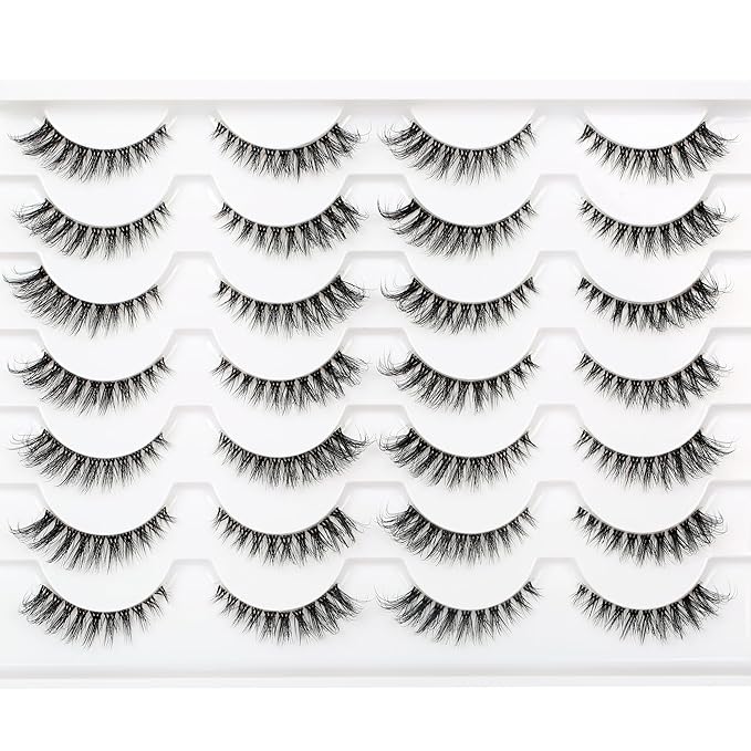Pooplunch False Eyelashes Wispy Cat Eye Look Natural Volume Clear Band Foxy Short Accent Lashes Faux Mink Fake Lashes Strips 14 Pairs Pack