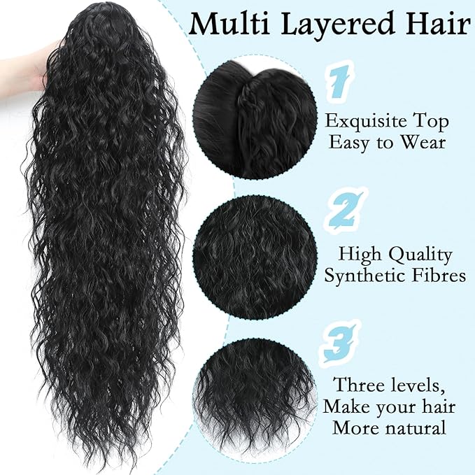 Ponytail Extension, Claw Clip on Pony tails Hair Extension for Women 18 Inch Long Wavy Curly Fake Ponytail Clip in Hair Pieces for Women Fluffy Natural Looking (Black, 18 Inch)