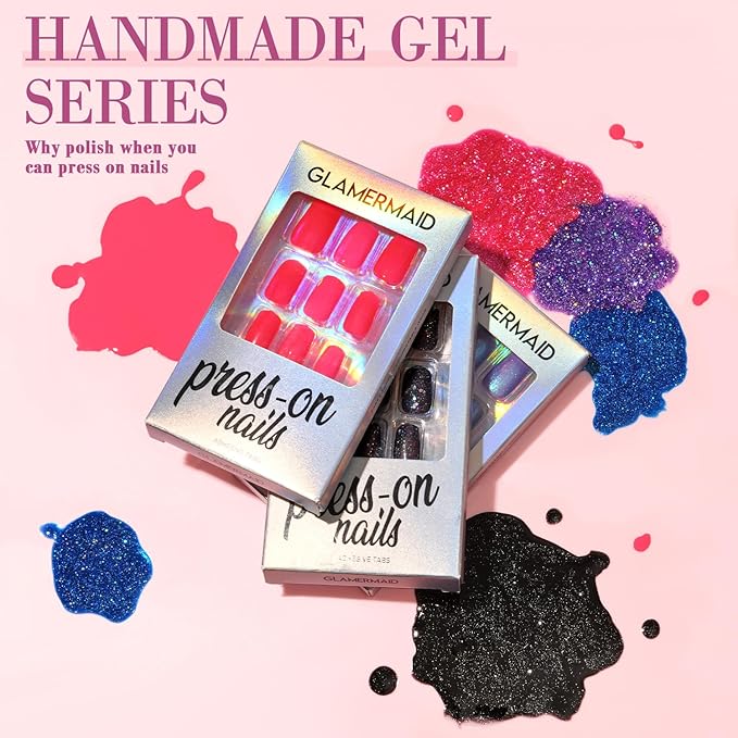 GLAMERMAID Golden Red Press on Nails Medium Almond, Handmade Glitter Glossy Jelly Soft Gel Glue on Nails Stiletto, Bright Red Fake Nails Short Oval, Reusable Acrylic Stick on False Nails Kit for Women
