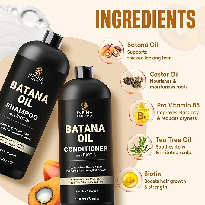 INFINA ESSENTIALS Batana Oil Shampoo and Conditioner Set | 16 fl oz Each | with Biotin & Tea Tree | Moisturizing, Strengthening & Nourishing Formula | Promotes Hair Growth and Thickness