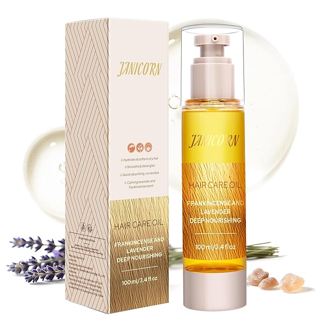 JANICORN Leave-In Hair Oil – Nourishing & Conditioning Oil with Jojoba & Argan Oils, Frankincense & Lavender Aroma, Smoothness & Frizz Control for Dry or Damaged Hair, 3.4 fl oz / 100 ml