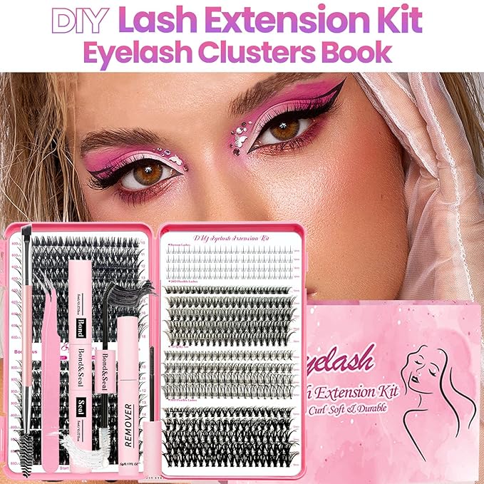 Qiveaory DIY Lash Extension Kit 727 Pcs Individual Lashes Clusters with Bottom Lashes Lash Bond and Seal,Eyelash Remover Tweezers Brush Eyelash Extension Set Lash Books DIY at Home