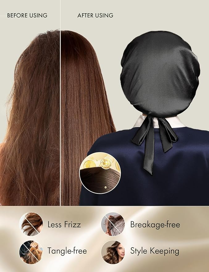 LILYSILK 100% Mulberry Silk Bonnet, 19 Momme Silk Night Sleep Cap Adjustable Hair Wrap for Sleeping, Black