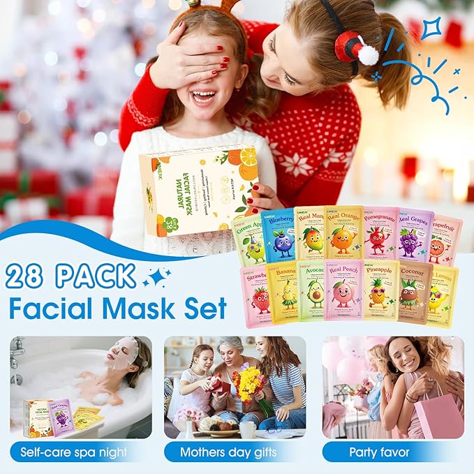 28 Pack Fruit Face Masks Skincare for Kids Girls, Sheet Collagen Face Mask for Women Skin Care, Bulk Hydrating Facial Mask for All Skin Types, Valentines Day Gifts and Party Spa Gifts for Teens