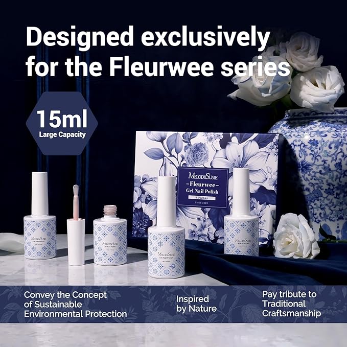 MelodySusie Fleurwee Plant Based 4pcs Gel Nail Polish, Hema Free 21 Non Toxic Red Green White Gold Glitter Long Lasting Soak Off UV Nail Art Salon DIY Gifts for Women Gel Polish Kit