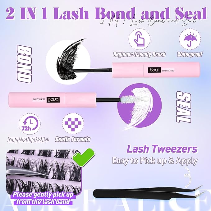 ALICE Wispy Lash Clusters Kit Natural Fluffy Lash Extension Kit Cluster Eyelash Extension Kit 162pcs C Curl 10-18mm Eyelash Clusters with Lash Glue Bond and Seal Lash Tweezers