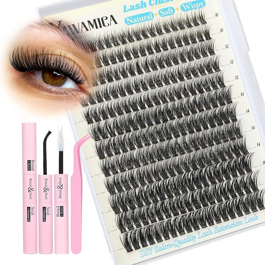 Yawamica Lash Extension Kit Wispy Lash Clusters Kit 10-16mm Eyelash Extension Kit C Curly Eyelash Clusters 228pcs Individual Lashes with Waterproof Lash Bond and Seal Lash Tweezers for Hybrid Look