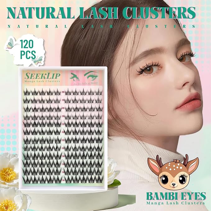 Lash Clusters Manga Eyelash Clusters C Curl 120PCS 10-14MM Mixed Deer Anime Natural Look Cluster Eyelash Extensions Spiky Natural Cluster Eyelashes for DIY Doe Eyed at Home (Pulse)
