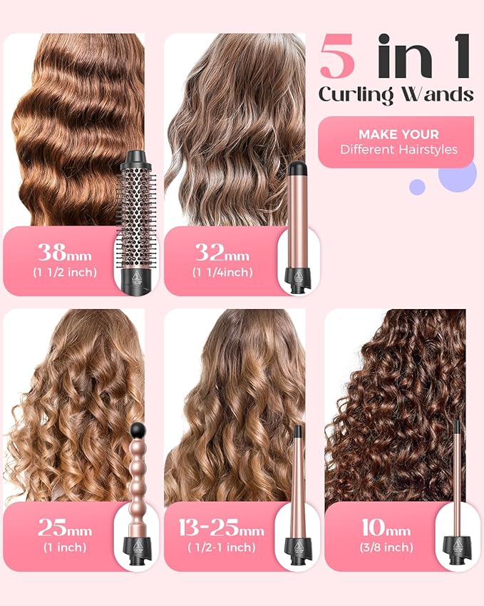 Lopeie 5 in 1 Wand Curling Iron Set, Hair Styling Tools with Thermal Brush and 4 Interchangeable Ceramic Barrels from 1/2 to 1 1/2 inch, Fast Heating, Dual Voltage Hair Curler, Gifts for Women