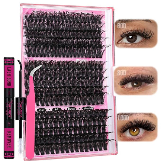 Yawamica Faux Mink Eyelash Extensions Kit, 300pcs 60D+80D+100D Individual Clusters, Black, Cruelty Free, DIY Lash Beginners