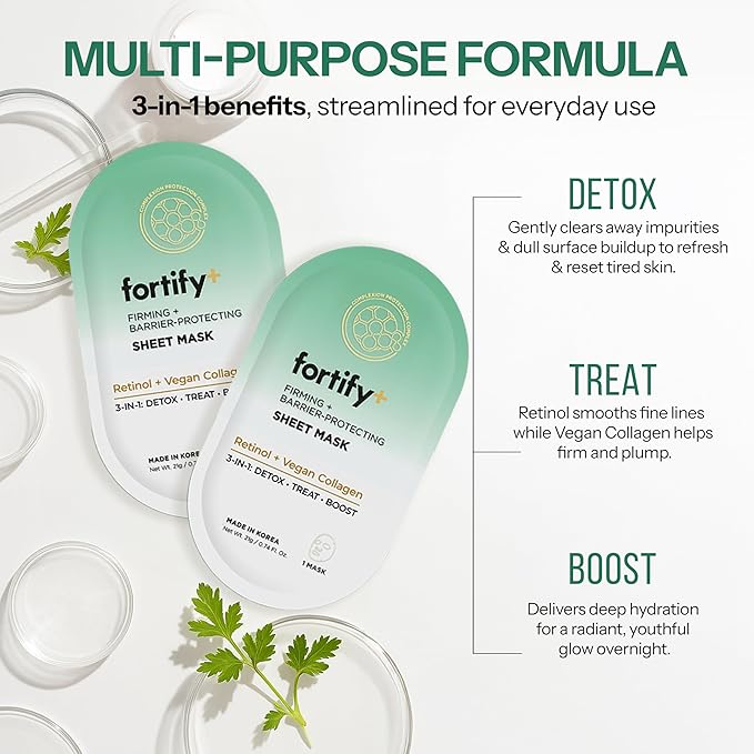 Fortify Skincare Retinol & Collagen Face Mask – 3-in-1: Detox, Treat, Boost – Hydrating, Firming, Anti-Aging – Dermatologist Tested Korean Skin Care – Clean Beauty Vegan Sheet Mask – 5 Sheets