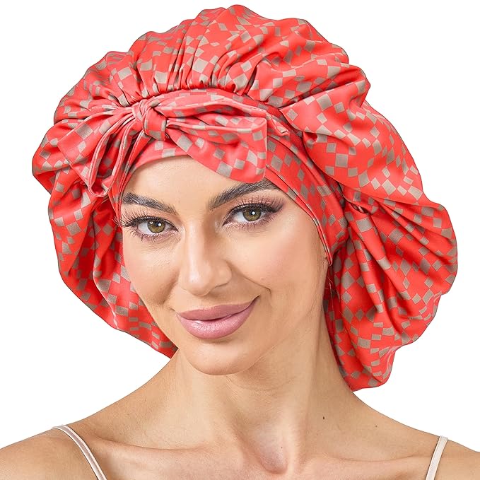 Silk Satin Bonnet for Sleeping Hair: Women Sleep Night Wrap Cap for Straight Wavy Curly Coily Kinky Natural Hair Head by Tie Band - Red & Dark Gold Checkered + Pink