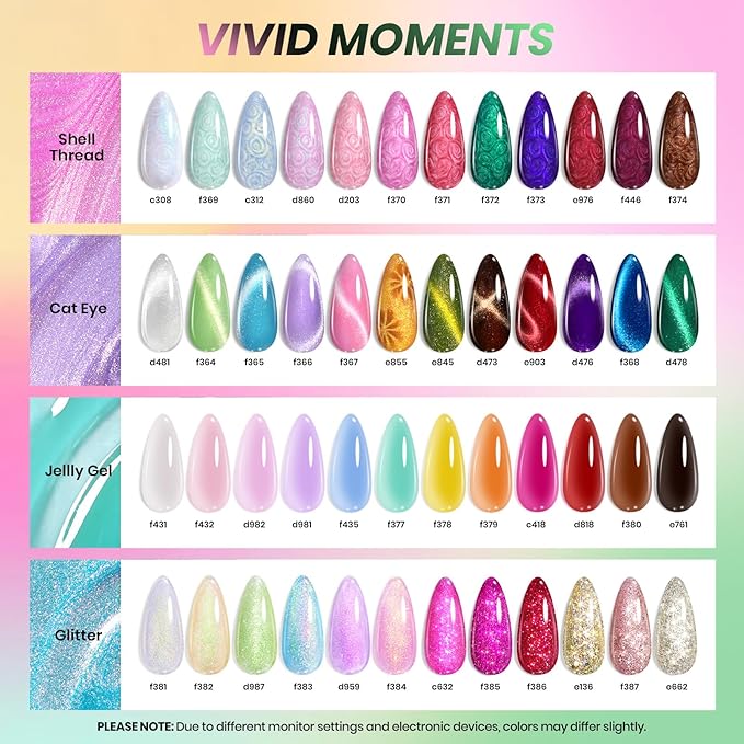 Beetles Gel Nail Polish Set - 53 Pcs 48 Colors Cat Eye Gel Nail Polish Pink Jelly Nude Red Green Blue Glitter Shell Shread Salon DIY Home UV LED Valentines Gifts for Women Vivid Moments