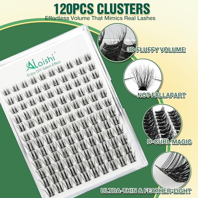 AILAISHI Lash Clusters Kit, DIY 3D Cluster Eyelash Extensions 10‑18mm,120pcs Fluffy D Curl Soft Natural Lashes with Bond and Seal,Remover,Tweezers,–Fake Cat Eye Wispy Individual Clusters MIX1-2-L