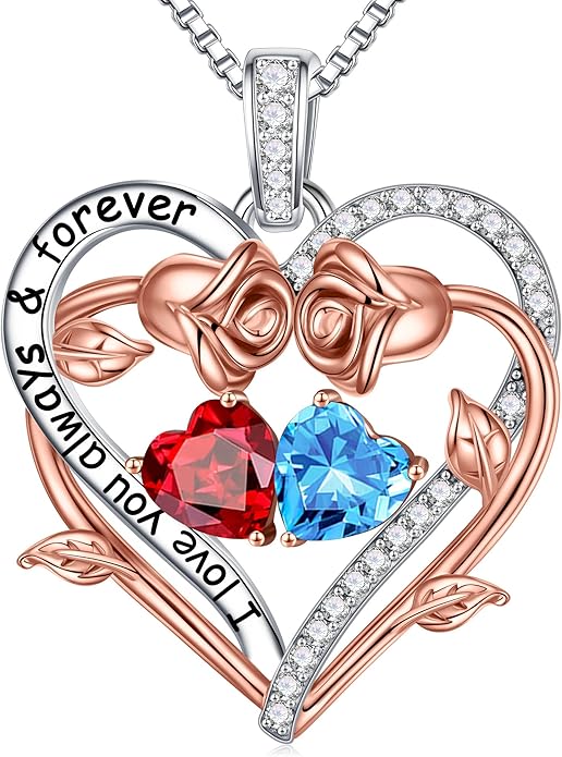 Iefil Valentines Gifts for Her Wife Women - Rose Heart Double Birthstone Necklace Gift for Wife Girlfriend Her Women, Birthstone Jewelry Gemstone Birthday Gifts for Mom Grandma Her