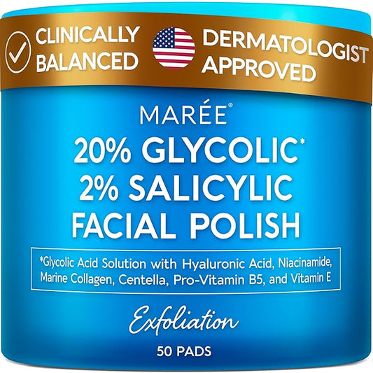 MAREE Glycolic Acid Pads & 2% Salicylic Acid – Toner Pads for Face with 20% Glycolic Acid Solution – Face Exfoliating Pads, Acne Clearing Face Pads – Skin Pore Resurfacing & Radiance Device – 50 Count