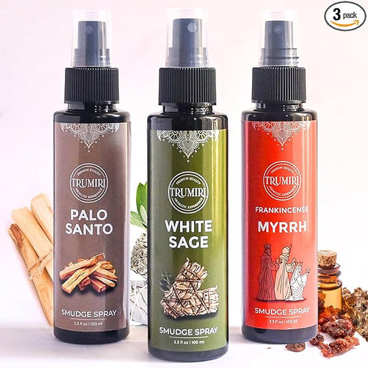 Set of 3 Smudge Sprays White Sage|Palo Santo|Frankincense Myrrh for Spiritual Cleansing of Negative Energy and Protection - Natural Room Sprays and Body Mists Made with Non Toxic Essential Oils