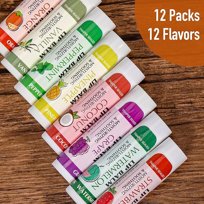 AZEN 12 Pack Lip Balm, Natural Lip Balm Bulk, Lip Care Product, Moisturizing Lip Balms for dry cracked lips - 12 Flavors