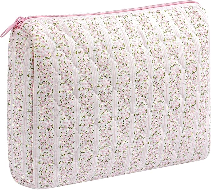 Cute Floral Makeup Bag Large Cotton Quilted Cosmetic Bag, Aesthetic Essential Bag Toiletry Period Bag for Women Travel Accessories (Pink Floral)
