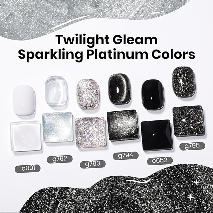 Beetles Gel Nail Polish Set - Twilight Gleam 6 Colors Cat Eye Glitter White Black Silver Shimmer Sparkle Gel Polish Kit with Magnet Soak Off Nail Art Uv Led Home Salon Gift for Women&Girls