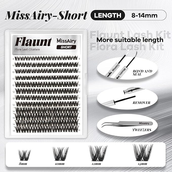 Flaunt Lash Clusters Kit Flora Short 8-14mm Light-Volume Wispy Eyelash Clusters D Curl DIY Eyelash Extension Kit Spiky Cat Eye Individual Lash Eyelash Clusters with 0.05mm Ultra-Thin Black Band