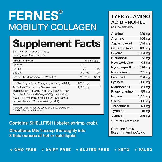 Fernes Mobility Collagen Peptides Powder - Glucosamine, Chondroitin, Hyaluronic Acid & Liposomal Vitamin C Join Bone & Cartilage Support Grass-Fed Type I & III Keto & Paleo 56 Servings, 23.66 oz