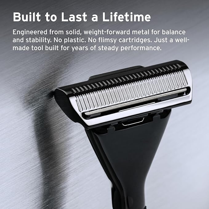 SUPPLY Single Edge Max Razor for Men – Premium Metal Single-Blade Safety Razor with Pivoting Head for Fewer Cuts and Irritation – Includes 8 Blades & Magnetic Reload System – Sterling