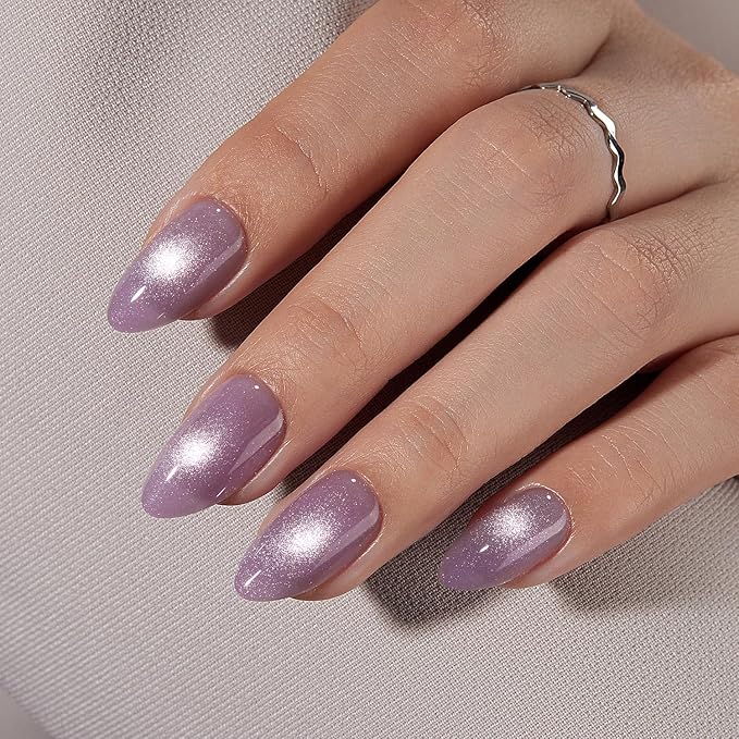 VSALON Press On Nails Short Almond, Purple Cat Eye Glitter Holographic Nails Kit, Reusable Opaque Soft Gel Glue Fake Nails with Glue & Cuticle Oil - 32 PCS in 16 Sizes Valentines Gift for Women