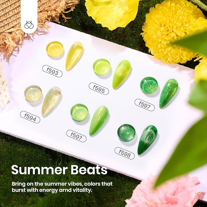 Beetles Green Gel Nail Polish Set, Winter Gel Polish Nail Kit 6 Colors Yellow Glitter Cat Eye Jelly with Cat Eye Magnet UV LED Needed Gifts for Women DIY Manicure Art Summer Beats