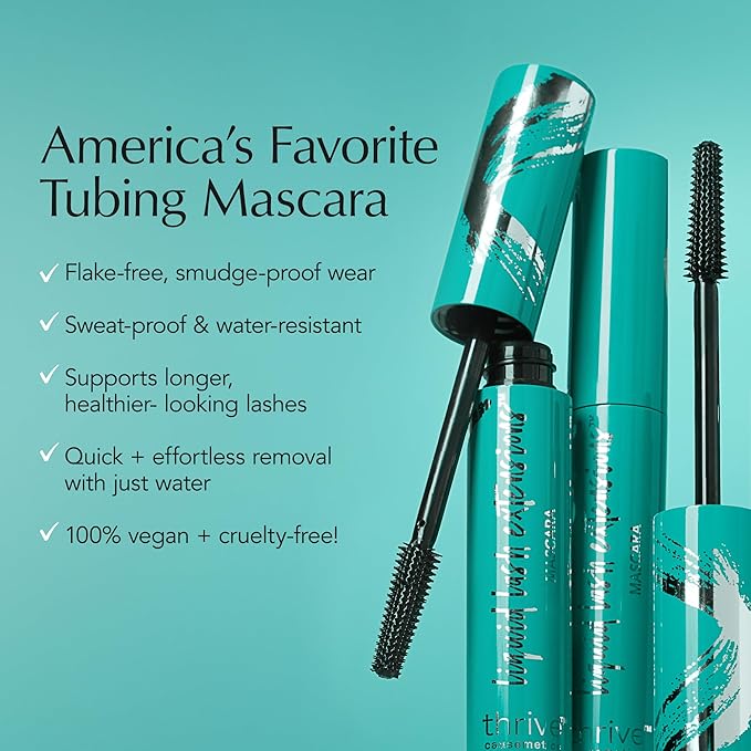 Thrive Causemetics Liquid Lash Extensions Mascara 3 Pack, Tubing Thrive Mascara Lengthening, Makeup Gift Set for Women, Volumizing & Curling, Smudge Proof, Vegan & Cruelty Free, Brynn (Rich Black)