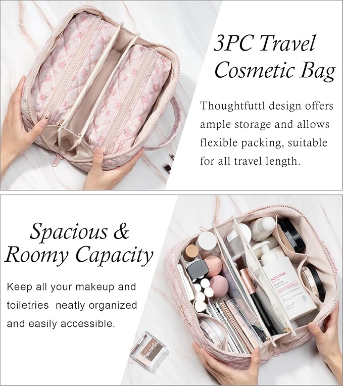 Travel Makeup Bag, 3 Pcs Large Capacity Puffy Toiletry Bag for Women, Open Flat Make up Cosmetic Organizer w/Handle & Clear Divider Water-resistant Portable Pouch Travel Essentials, M-Beige Plaid