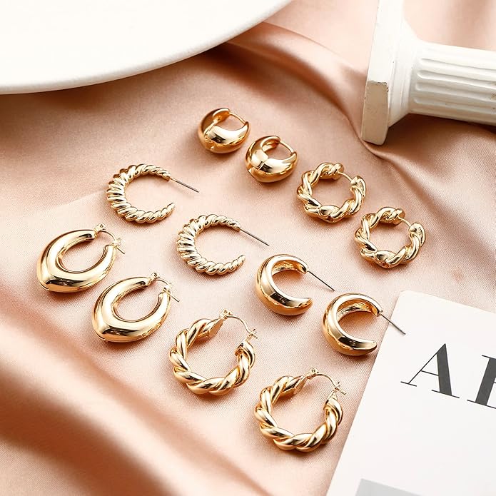HILXURY Gold Chunky Hoop Earrings Set for Women, 14K Gold Plated Twisted Huggie Hoop Earring Hypoallergenic, Thick Open Hoops Set Lightweight