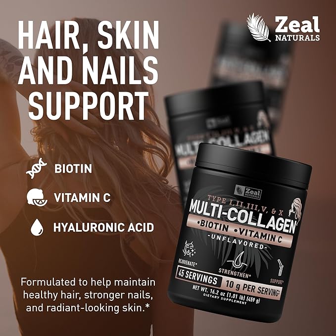Premium Multi Collagen Peptides Powder (1, 2, 3, 5 & 10) with Protein. Vitamin C, Biotin, Hyaluronic Acid, for Hair Skin and Nails - Marine, Bovine, Chicken & Eggshell (Unflavored, 45 Servings)